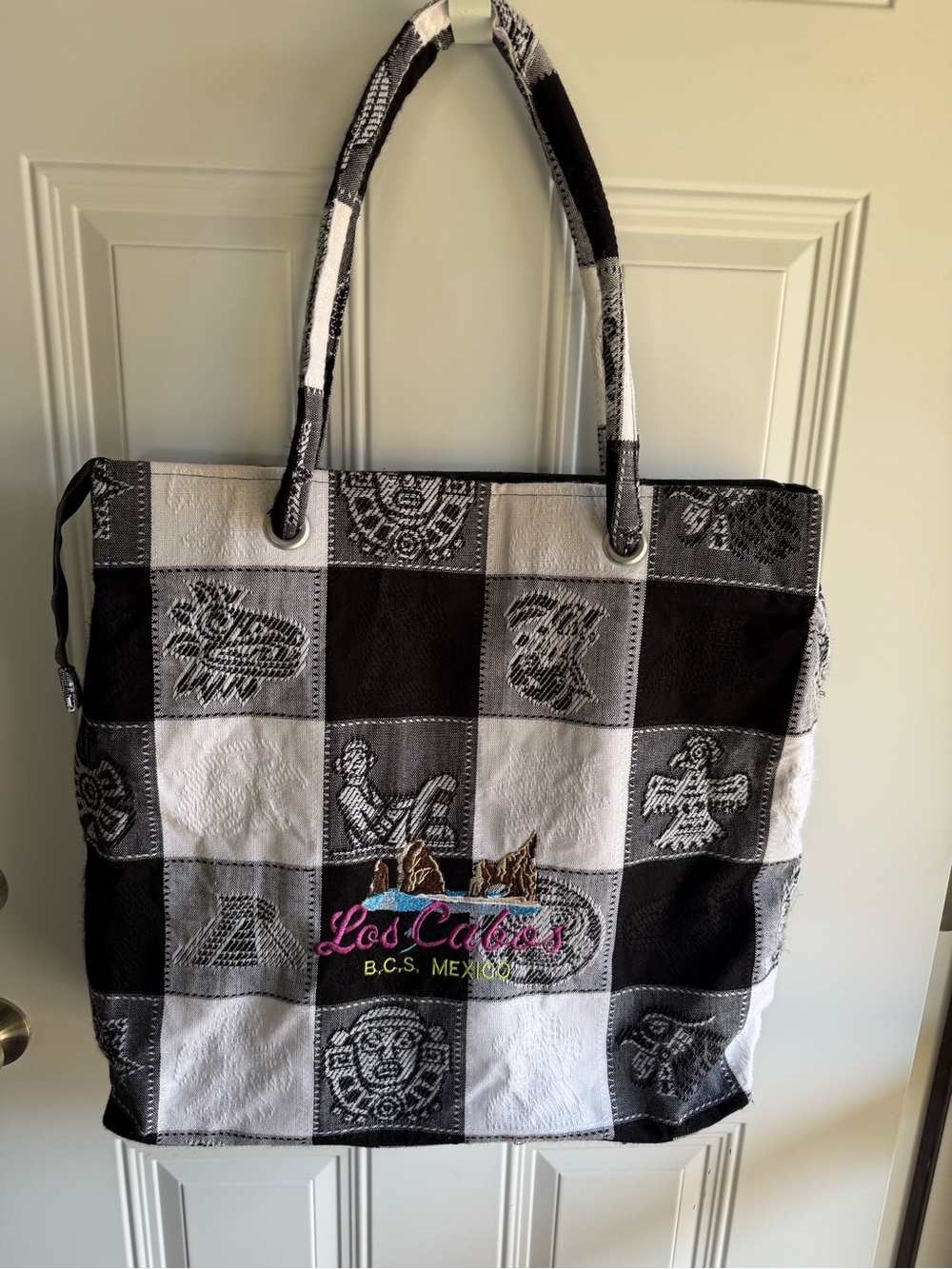 Los Cabos Black & White Patchwork Embroidered Tote